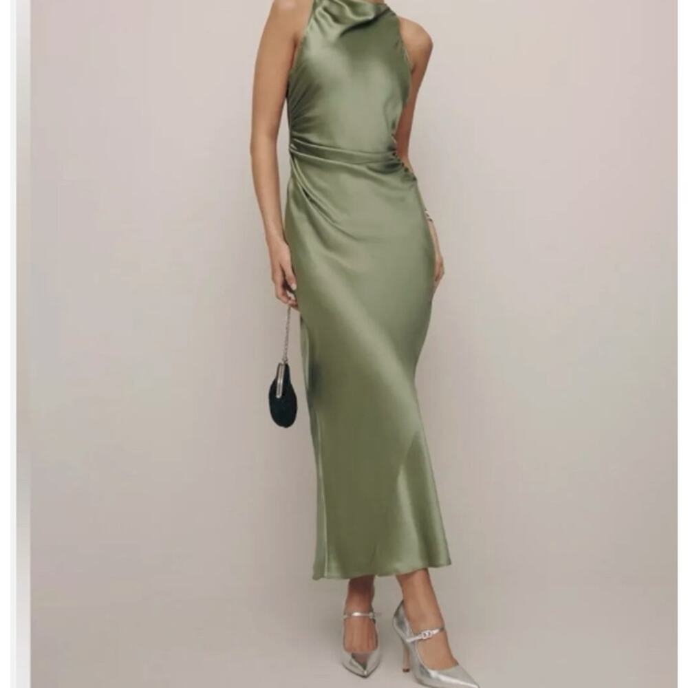 Reformation Olive Green Satin Maxi Dress